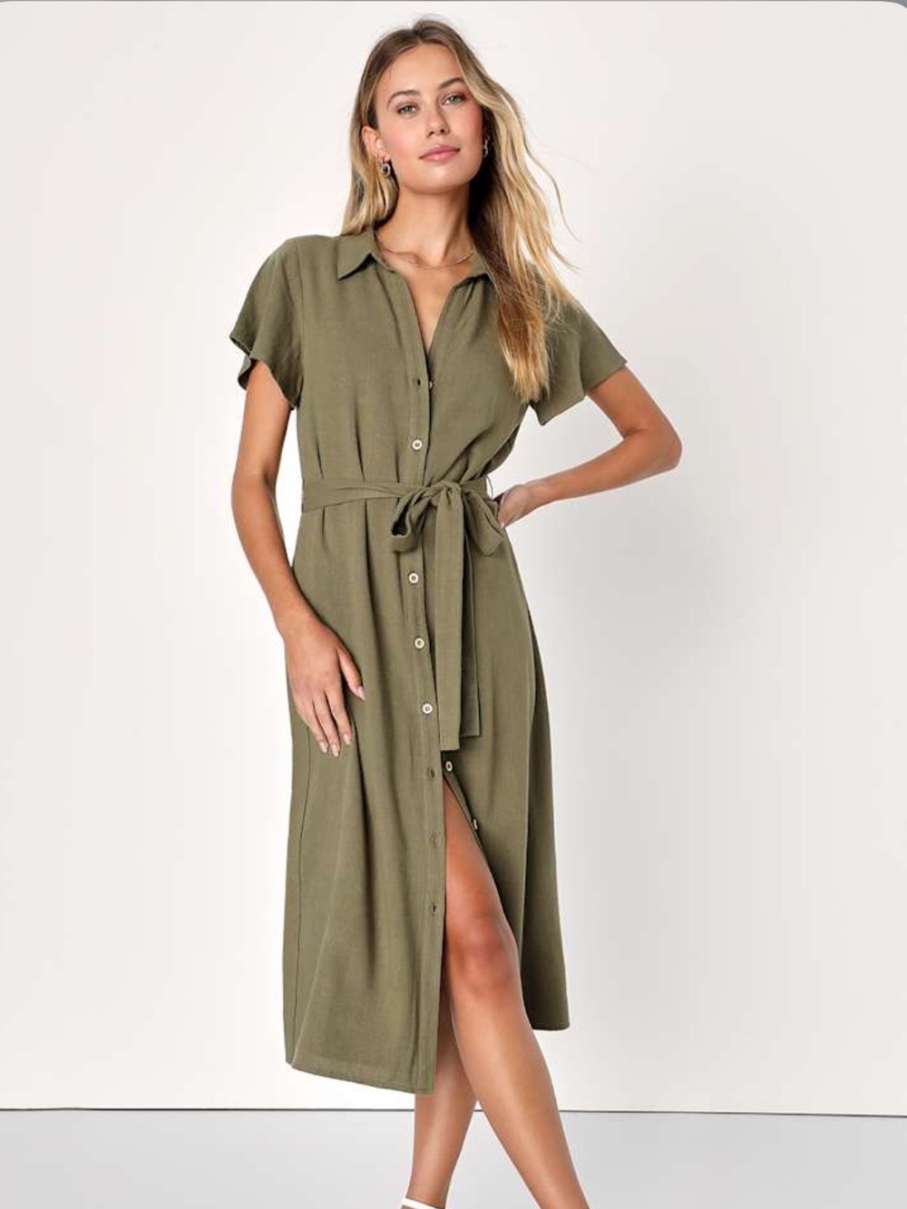 Lulu's Olive Green Button-Front Tie-Waist Midi Dress